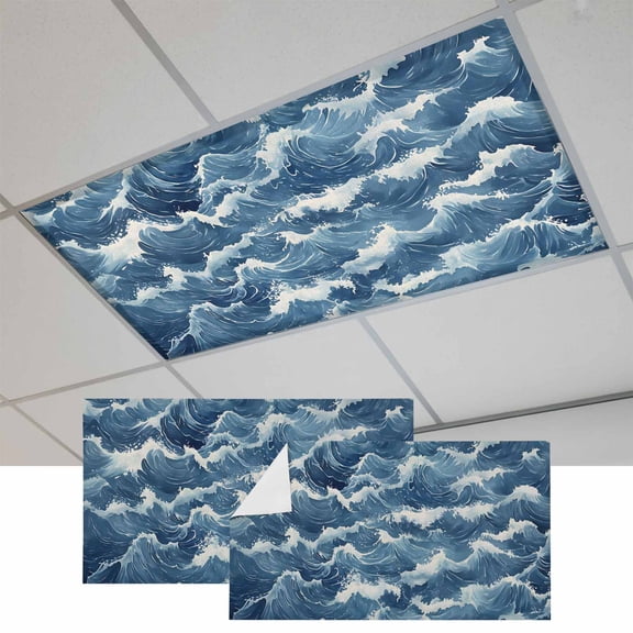 Ocean Waves Magnetic Fluorescent Light Covers for Ceiling Lights 2x4 Feet, Summer Beach Coastal Nautical Burlap Office Classroom Kitchen Drop Ceiling Light Covers Lighting Filters Shade Panel 2 Packs