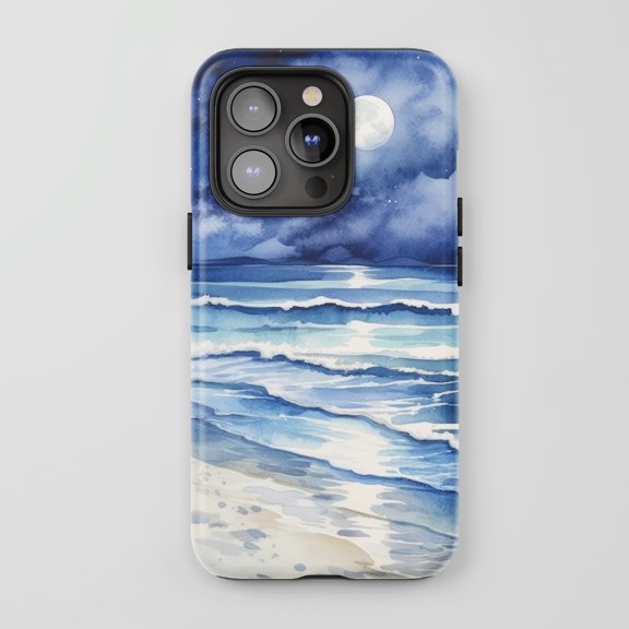 Ocean Waves Moonlight For All iPhone Series Protective Phone Case Watercolor Art Blue White Design