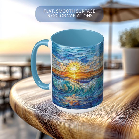 Ocean Waves Mug, Stained Glass Style Sunset Beach Gift, Coastal Kitchen Decor,