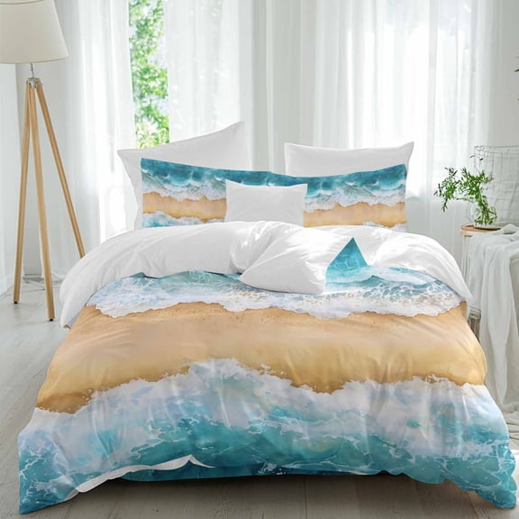 Ocean Waves Nautical Scenery Queen Size Comforter Set, Summer Beach Watercolor Bedding for All Seasons, 4 Pcs Bed Set, 1Quiltcover (90"x92") ,1Sheet(94"x116"), 2Pillowcases (30"x20")