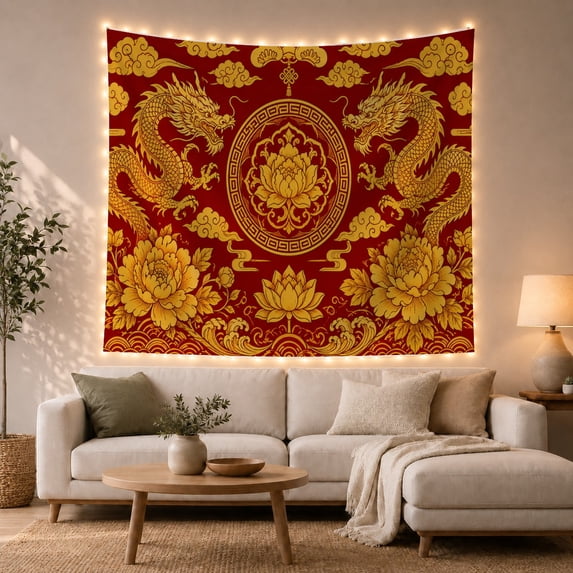 Ocean Waves Ornate with Entirely Crimson Circular Medallion, Mystical Fantasy for Space Lovers, Galaxy Room Decor, Mother'S Day Gift, Tapestry Wall Hanging for Bedroom and Dorm