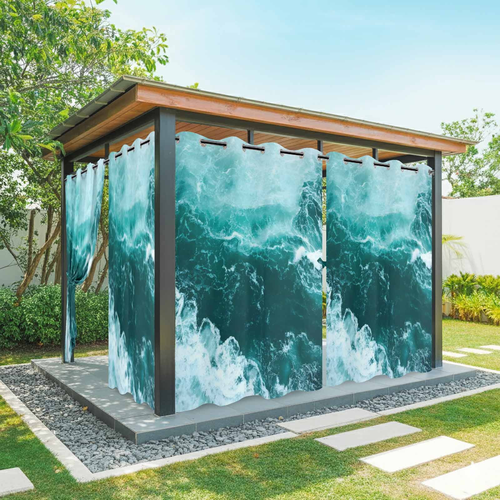 Ocean Waves Outdoor Curtains for Patio, Modern Nautical Dark Green Ocean Waves Sunshade Privacy Drapes Grommet Waterproof Outside Curtains for Porch/Cabana/Balcony 54"x 108", 1 Panel
