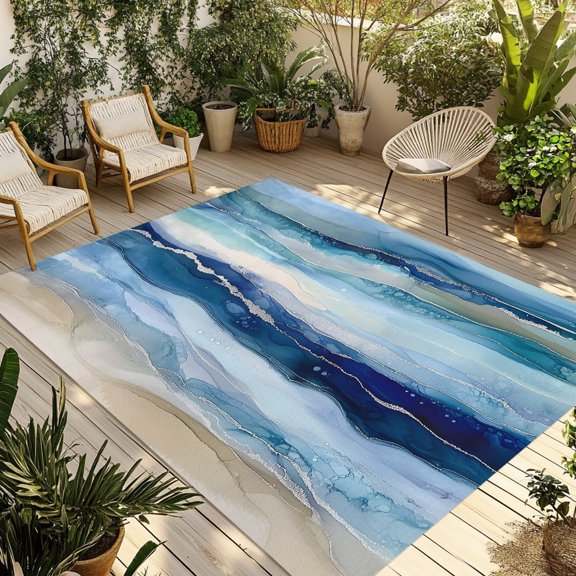 Ocean Waves Outdoor Rug 5x8 ft Abstract Gradient Blue White Marble Waves Non Slip Patio Rug Washable Absorbent Large Outdoor Carpet Outside Mat for Porch RV Garden Camping