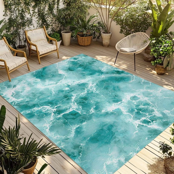 Ocean Waves Outdoor Rug for Patio/Deck/Porch, Non-Slip Large Area Rug 3 x 5 Ft, Abstract Turquoise Summer Beach Water Indoor Outdoor Rugs Washable Area Rugs, Reversible Camping Rug Carpet Runner