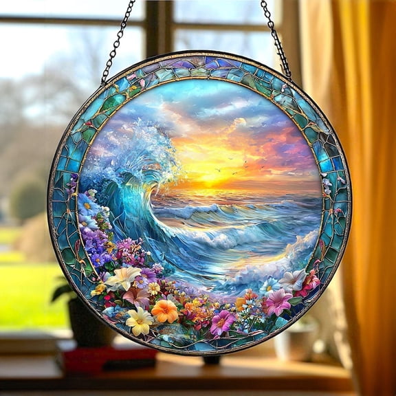Ocean Waves Painted Glass Suncatcher, Window Hanging Decor, Ocean Sun Catcher Decor, Beach House Wall Decor, 3.5 in