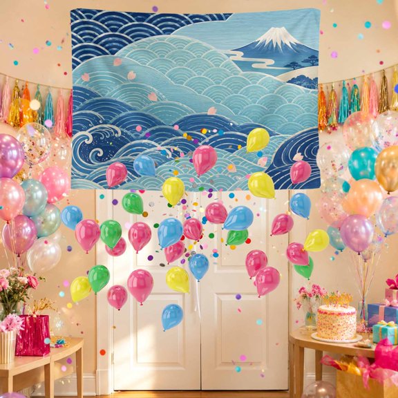 Ocean Waves Party Decorations, Traditional Japanese Swirling Water Cherry Blossom Petal Party Set with Backdrop Banner Balloons Confetti Ribbon, Photo Background for Party Home Decor, 2 x 3ft