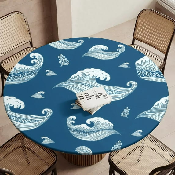 Ocean Waves Pattern Fabric Round Table Cover Kitchen Printed Waterproof Tablecloth Elastic Edged Tablecloth Fits Party Wedding Indoor Outdoor Tables