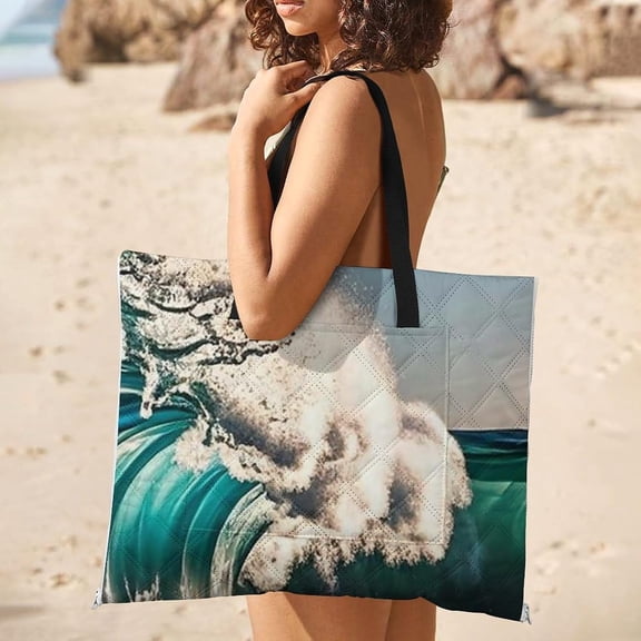 Ocean Waves Picnic Blanket with Zippered Tote Bag, Waterproof Portable Outdoor Mat for Beach Camping Park