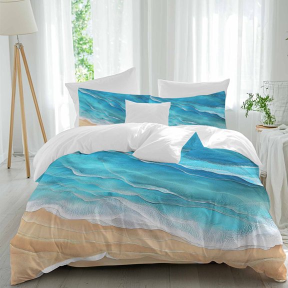 Ocean Waves Queen Size Comforter Set, Abstract Gradient Yellow Teal Waves Beach Bedding for All Seasons, 4 Pcs Bed Set, 1Quiltcover (90"x92") ,1Sheet(94"x116"), 2Pillowcases (30"x20")