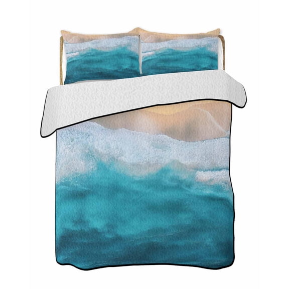 Ocean Waves Quilts Bedding Set California King Summer Watercolor Ocean Beach Aqua Gradient Water Ripples Lightweight Quilted Bedspread 3 Piece Bed Quilt with 2 Pillow Shams for Bedroom 96" x 106"