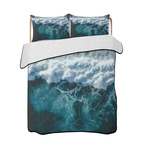 Ocean Waves Quilts Bedding Set Queen Size Abstract Teal White Breaking Waves Lightweight Quilted Bedspread 3 Piece Bed Quilt with 2 Pillow Shams All Season for Bedroom 78" x 90"