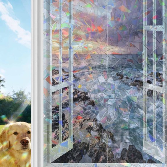 Ocean Waves Rainbow Window Privacy Film, Open Window Dramatic Lavender Sunset Clouds Rocks Stained Glass Window Film, Sun Blocking Glass Clings Non Adhesive Door Stickers 17.7 x 39.3 Inches