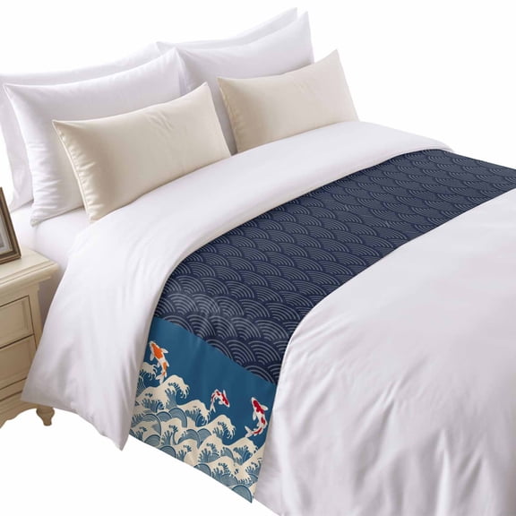 Ocean Waves Red Koi Bed Runner for Cal King Size Bed, Harmony Japanese Style Navy Soft Bedding Scarf Bedding Protector Slipcover Sofa Throw for Bedroom Hotel Guesthouse