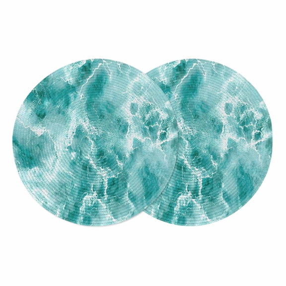 Ocean Waves Round 13 Inch Placemats Set of 2, Abstract Turquoise Summer Beach Water HeatResistant Non Slip Place Mats for Dining Table, Wipeable Braided Kitchen Table Mats for Housewarming