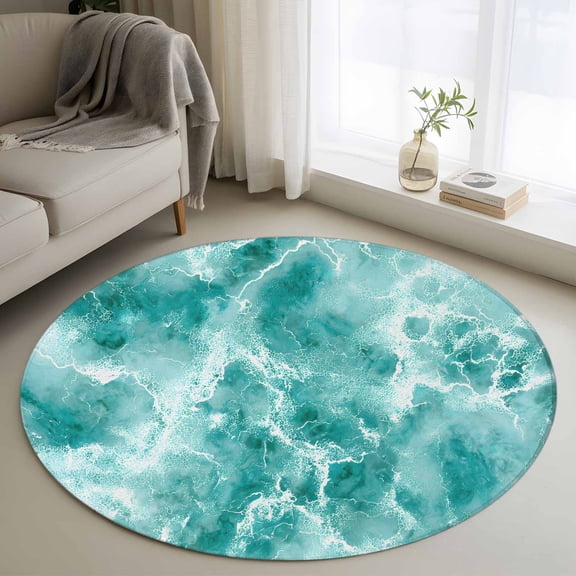 Ocean Waves Round Area Rug 3Ft Washable Small Circle Rugs for Kitchen Entryway, Abstract Turquoise Summer Beach Water Non-Slip Carpet Floor Mats Indoor Outdoor Carpet Runner Aesthetic Home Decor