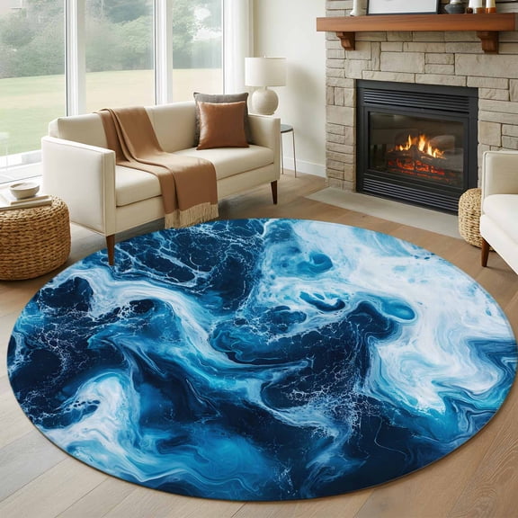 Ocean Waves Round Living Room Rugs 6 ft, Realistic Sea Nautical Style Nature Washable Area Rug with Non-Slip Sturdy Edge Binding Round Carpet for Kitchen Office Bedroom