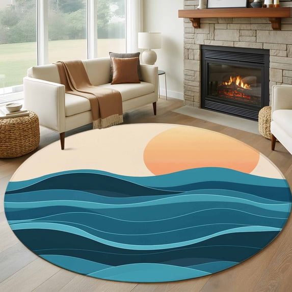 Ocean Waves Round Living Room Rugs 8 ft, Sun Watercolor Washable Large Area Rug with Non-Slip Sturdy Edge Binding Round Carpet for Dining Room Kitchen Office