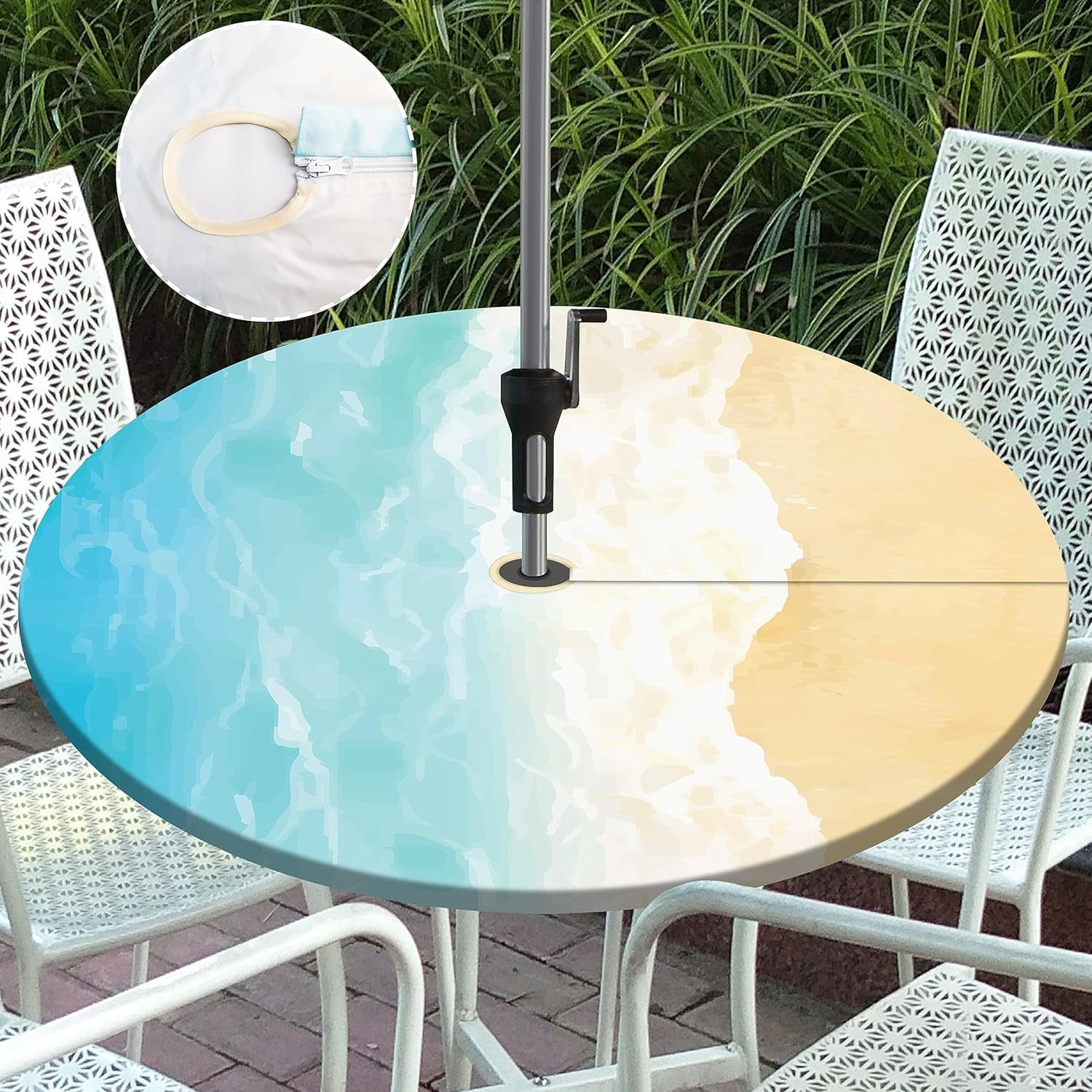 Zipper Table Ocean Waves Round Outdoor Tablecloth with Umbrella Hole Zipper Elastic ...