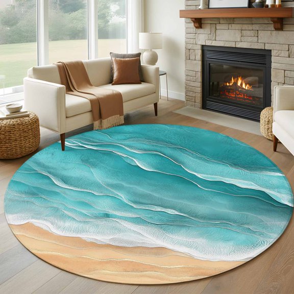 Ocean Waves Round Rugs for Living Room 7ft Abstract Gradient Yellow Turquoise Waves Beach Non Slip Circle Rug Washable Low-Profile Indoor Carpet for Bedroom, Dining Room, Bathroom