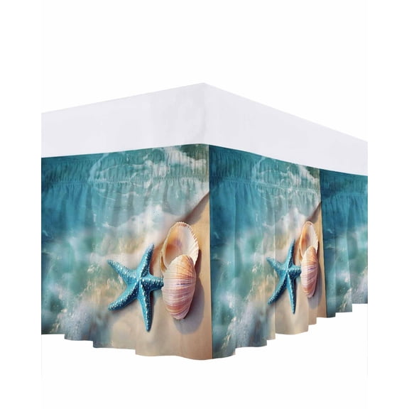 Ocean Waves Ruffle Bed Skirt King Size Beach Shells Starfish Adjustable Elastic Dust Bed Skirts Wrap Around Bedskirt Wrinkle Free Easy Fit with 18 Inch Drop
