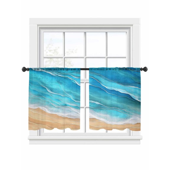 Ocean Waves Sheer Curtains 2 Panels Set Abstract Gradient Yellow Teal Waves Beach Sheer Window Curtains Light Filtering Rod Pocket Voile Drapes for Bedroom Living Room 52"x45"