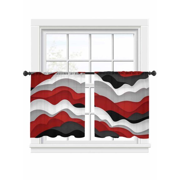 Ocean Waves Sheer Curtains 2 Panels Set Black Red Wave Sheer Window Curtains Light Filtering Rod Pocket Voile Drapes for Bedroom Living Room 52"x45"