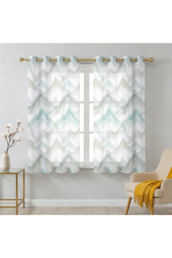 Ocean Waves Sheer Curtains 39 Inch Long 2 Panels, Abstract Watercolor Coastal Green Khaki Ocean Mist Light Filtering Semi Sheer Drapes Grommet Voile Window Curtain for Living Bedroom W27.9 x L39