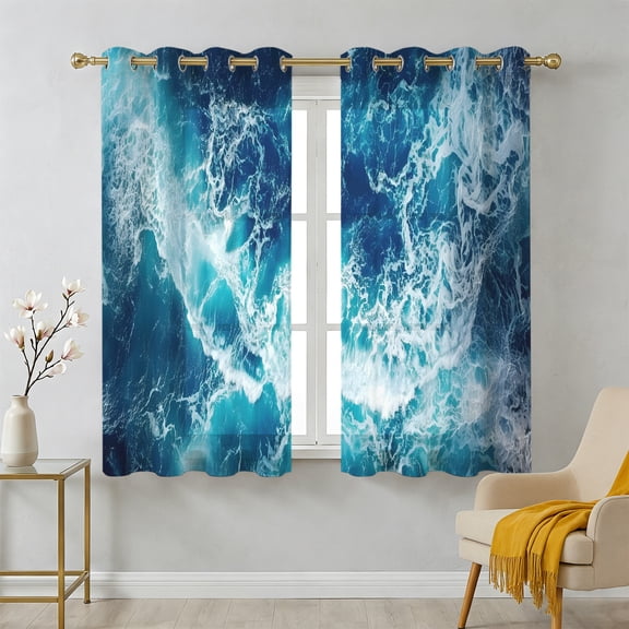 Ocean Waves Sheer Curtains 45 Inch Long 2 Panels, Modern Nautical Dark Blue Ocean Waves Light Filtering Semi Sheer Drapes Grommet Voile Window Curtain for Living Bedroom W42 x L45