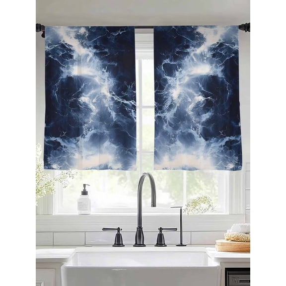 Ocean Waves Sheer Curtains 54 Inches Long 2 Panels Dark Blue Sea Light Filtering Semi Sheer Window Curtains Drapes for Bedroom Living Room 52"x54"