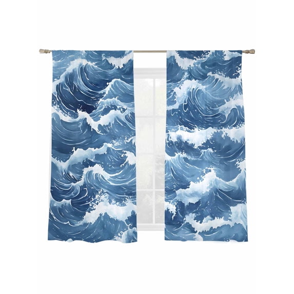 Ocean Waves Sheer Curtains 63 Inch Long 2 Panels, Nautical Blue Sea Water Nature Scenery Light Filtering Rod Pocket Curtains, Sheer Voile Drapes for Living Room Bedroom, 52"x63"
