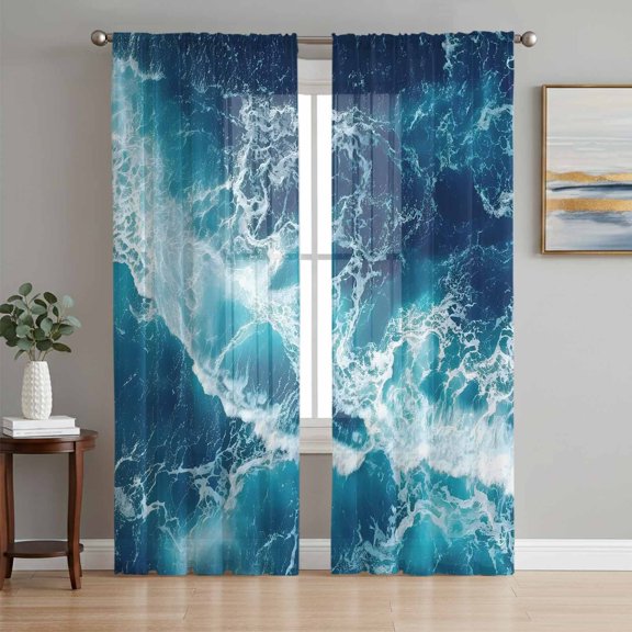 Ocean Waves Sheer Curtains for Living Room Bedroom, Modern Nautical Dark Blue Ocean Waves Light Filtering Sheer Curtain Rod Pocket Voile Window Treaments Drapes, 52 x 108 Inches