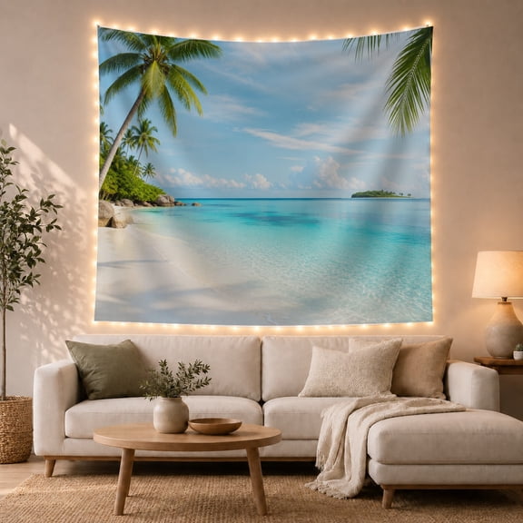 Ocean Waves Showcases with Tropical Beach Tall Palm, Mystical Fantasy for Space Lovers, Galaxy Room Decor, Housewarming Gift, Tapestry Wall Hanging for Bedroom and Dorm