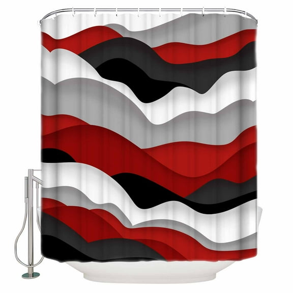 Ocean Waves Shower Curtain, 72" x 72", Black Red Wave Gradient Waterproof Bathroom Curtain Washable Shower Curtain Set with 12 Hooks