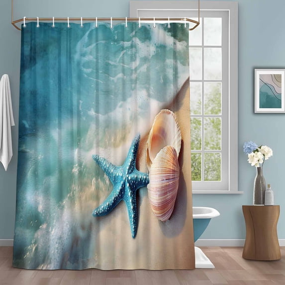 Ocean Waves Shower Curtains for Bathroom, Beach Shells Starfish Washable Fabric Shower Curtain with Hooks Waterproof Bathroom Decor Sets, 36 x 72 Inches