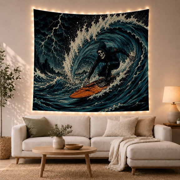 Ocean Waves Skeleton with Character Surfing Surfboard Massive, Mystical Fantasy for Space Lovers, Galaxy Room Decor, Housewarming Gift, Tapestry Wall Hanging for Bedroom and Dorm