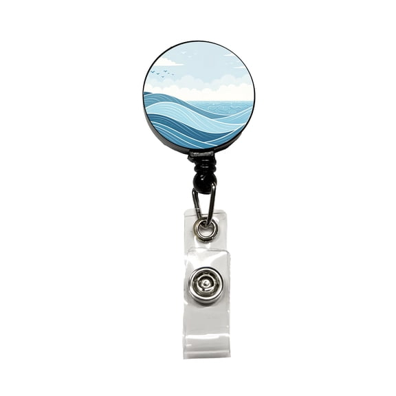 Ocean Waves Sketch Retractable Reel ID Badge Key Card Name Tag Holder with Clip