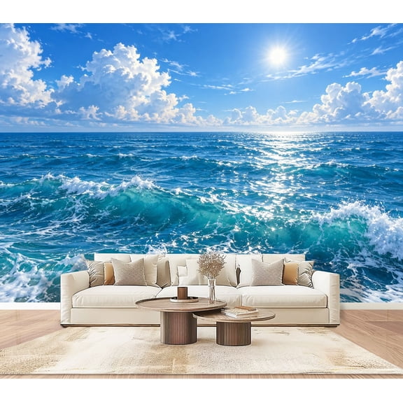 Ocean Waves Sky Sea Wallpaper Bright Sunny Peel and Stick Wall Murals 100"H x 144"W Removable PVC Wall Paper Self-Adhesive Wall Decor for Bedroom Living Room