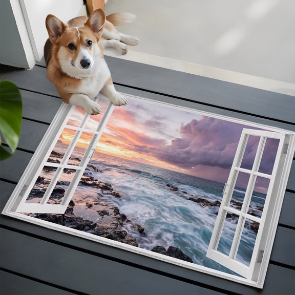 Ocean Waves Small Area Rugs 2x3 Open Window Dramatic Lavender Sunset Clouds Rocks Entryway Rugs Washable Door Mat, Low-Profile Area Rugs Non Slip Floor Carpet for Living Room Bedroom Home Office