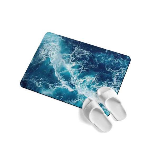 Ocean Waves Soft Diatomaceous Earth Mat, Modern Nautical Dark Blue Ocean Waves Absorbent Bath Mat Non Slip Rubber Backed Quick Dry Doormat Fit Under Door for Bathroom Kitchen 16"x24"