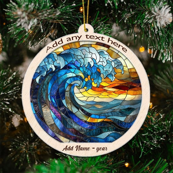 Ocean Waves Stained Glass Suncatcher Ornament – Text Christmas 2025 Tree Decoration Gift for Family, Friends, Man & Woman
