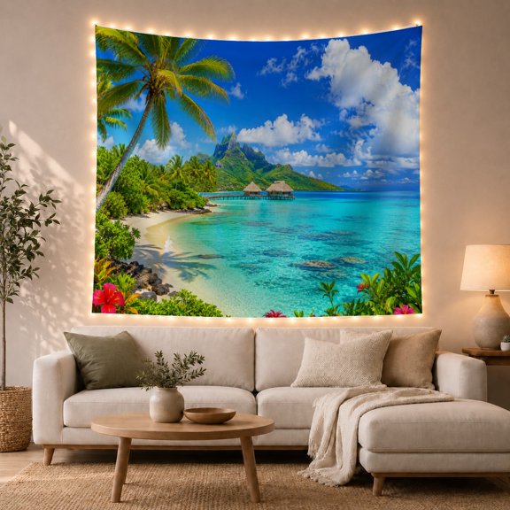 Ocean Waves Sunlit with Tropical Main Beach Transitioning, Mystical Fantasy for Space Lovers, Galaxy Room Decor, Mother'S Day Gift, Tapestry Wall Hanging for Bedroom and Dorm