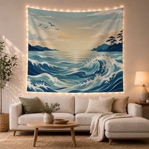 Ocean Waves with Sunrise Over Mountain Shores, Peaceful Japanese Inspired for Ocean Lovers, Coastal Home Decor Housewarming Gift, Tapestry Wall Hanging for Bedroom and Living Room