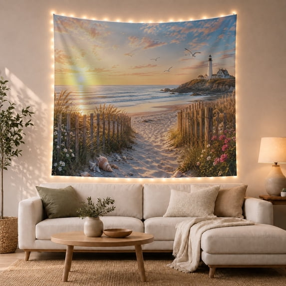 Ocean Waves Sunset with Filled Soft Hued Clouds, Mystical Fantasy for Space Lovers, Galaxy Room Decor, Mother'S Day Gift, Tapestry Wall Hanging for Bedroom and Dorm