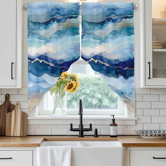 Ocean Waves Swag Curtain Valance for Windows, Abstract Gradient Blue White Marble Waves Window Treatments Short Swag Topper for Kitchen Windows Bathroom Bedroom, 28"x36"