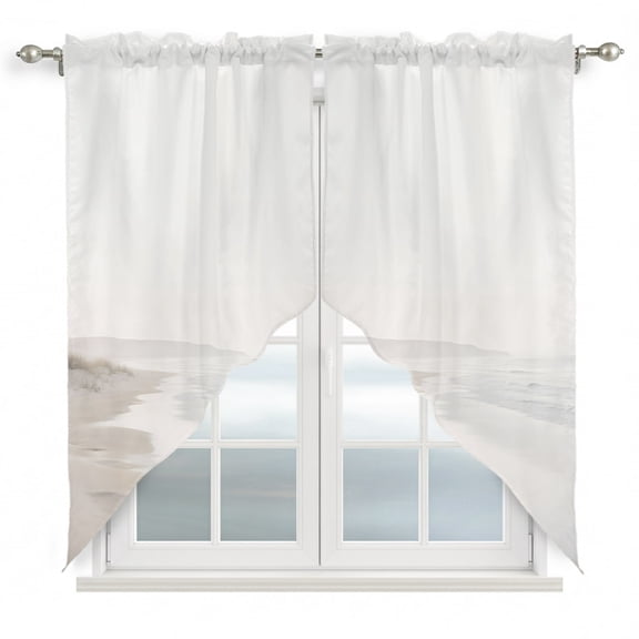 Ocean Waves Swag Curtain Valance for Windows, Coastal Modern Beige White Sandy Shoreline Beach Window Treatments Short Swag Topper for Kitchen Windows Bathroom Bedroom, 36"x63"