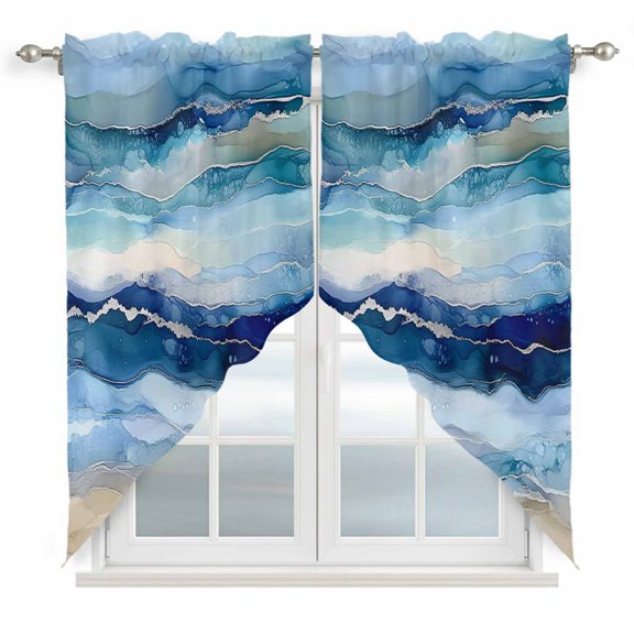 Ocean Waves Swag Valances for Windows 2 Pack Abstract Gradient Blue White Marble Waves Swag Kitchen Curtains 36 Inches Long Rod Pocket Short Window Treatment for Kitchen Bathroom 28"x36"