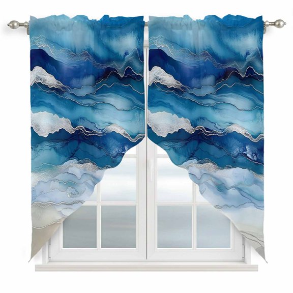 Ocean Waves Swag Valances for Windows 2 Pack Gradient Blue White Marble Waves Swag Kitchen Curtains 36 Inches Long Rod Pocket Short Window Treatment for Kitchen Bathroom 28"x36"