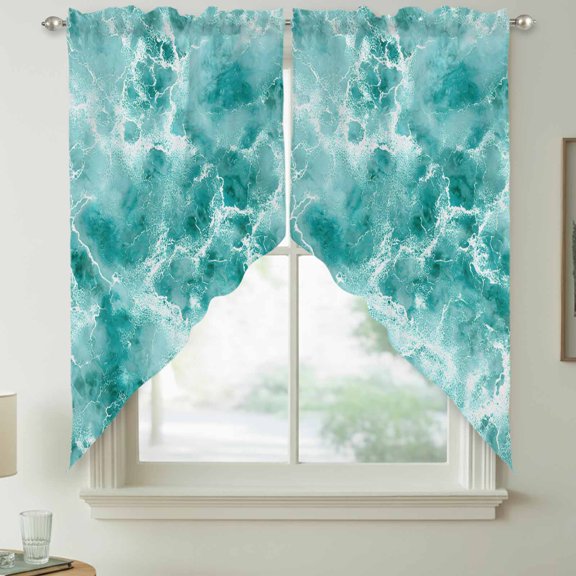 Ocean Waves Swag Valances for Windows, Abstract Turquoise Summer Beach Water Rod Pocket Short Curtains, Machine Washable Kitchen Window Topper for Bathroom Living Room, 28 x 36 Inch, 1 Pair