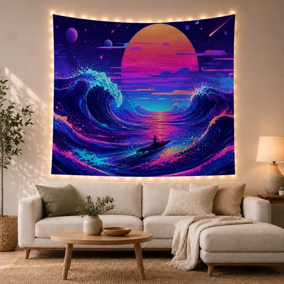 Ocean Waves Synthwave with Cosmic Surfing Silhouette Surfer, Mystical Fantasy for Space Lovers, Galaxy Room Decor, Graduation Gift, Tapestry Wall Hanging for Bedroom and Dorm