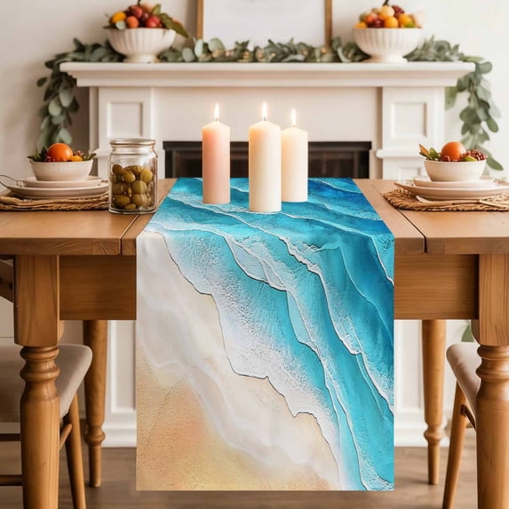 Ocean Waves Table Runner, Abstract Gradient Orange Teal Waves Beach Cotton Linen Kitchen Table Decoration Washable Dining Tabletop Runners for Home Party Decor 13x120 Inches